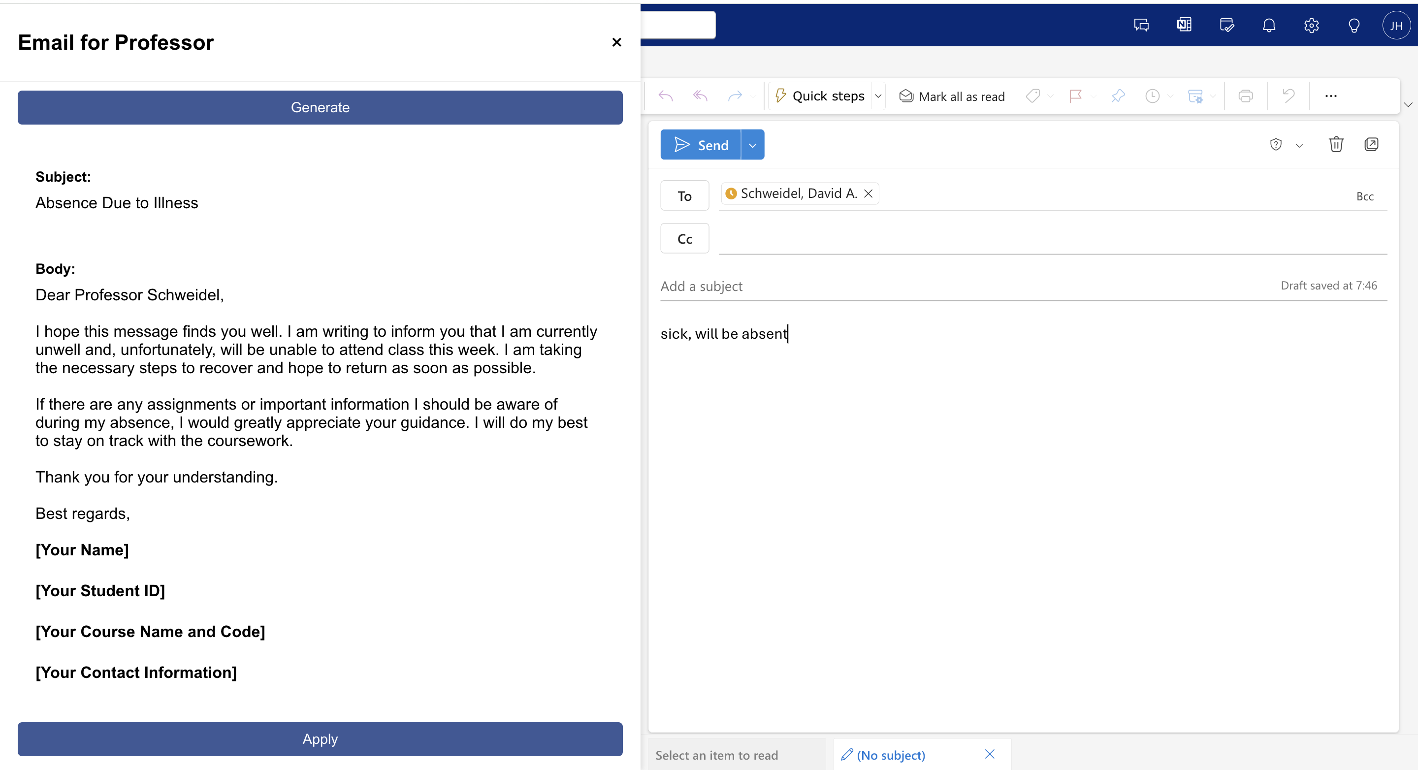 Email Assistant Interface in Outlook